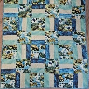Handmade Quilt Patchwork  Turtle Theme Blue Turquoise  48 By 36 New